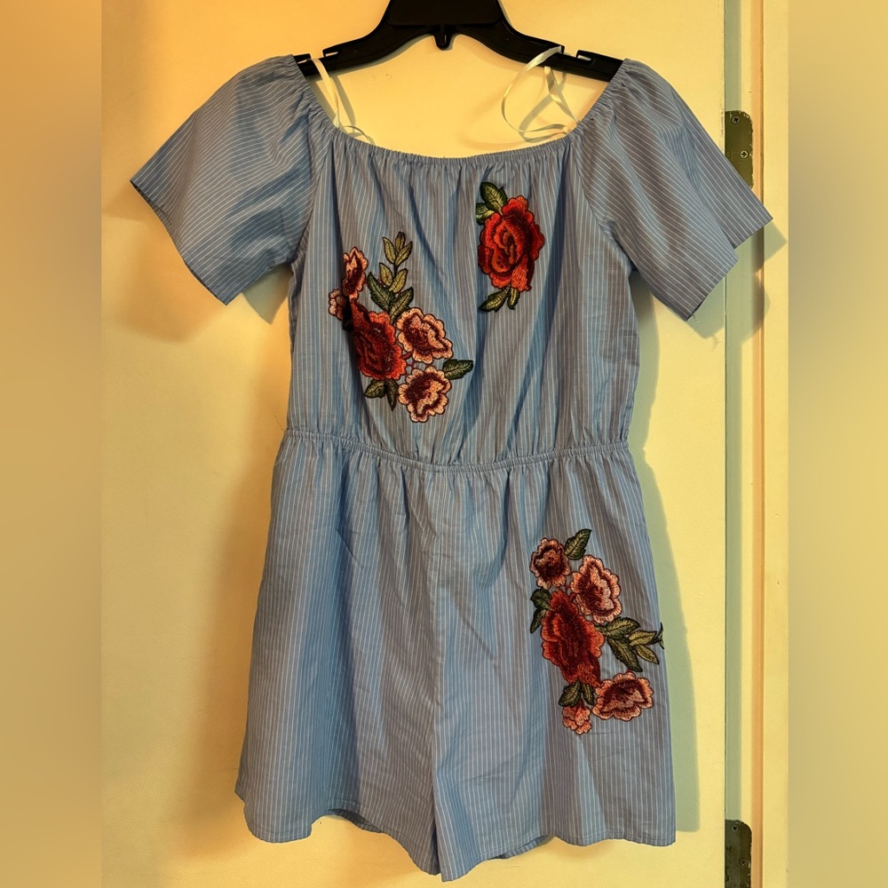 Striped Off-Shoulder Romper with Roses